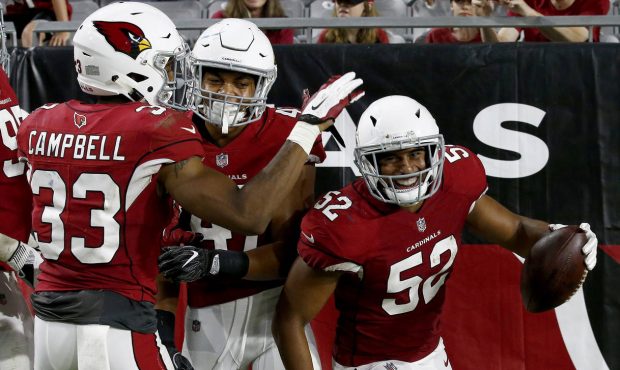 Arizona Cardinals linebacker Jeremy Cash (52) celebrates his fumble recovery for a touchdown agains...