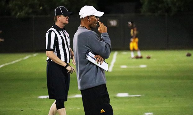 ASU head coach Herm Edwards looks on during his team’s first scrimmage of the season Saturday, Au...