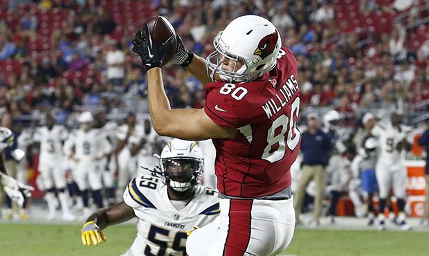 Arizona Cardinals tight end Bryce Williams (80) scores a touchdown as Los Angeles Chargers lineback...