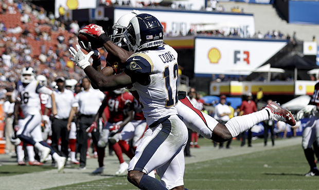 Arizona Cardinals defensive back Patrick Peterson intercepts a pass intended for Los Angeles Rams w...