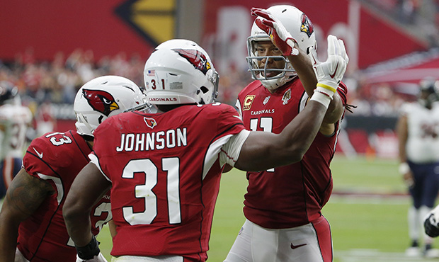 Arizona Cardinals running back David Johnson (31) celebrates his touchdown catch against the Chicag...