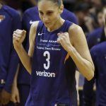 Phoenix Mercury forward Diana Taurasi pumps her fist following a 86-84 victory over the Seattle Storm during Game 4 of a WNBA basketball semifinals playoff game, Sunday, Sept. 2, 2018, in Phoenix. (AP Photo/Ralph Freso)