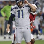 Seattle Seahawks kicker Sebastian Janikowski (11) reacts to missing a field goal during the first half of an NFL football game against the Arizona Cardinals, Sunday, Sept. 30, 2018, in Glendale, Ariz. (AP Photo/Ross D. Franklin)