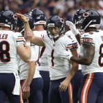 Chicago Bears kicker Cody Parkey (1) celebrates his field goal against the Arizona Cardinals with Patrick Scales (48) and Dion Sims (88) during the second half of an NFL football game, Sunday, Sept. 23, 2018, in Glendale, Ariz. (AP Photo/Ralph Freso)