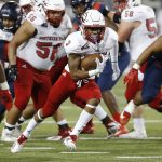 Southern Utah running back Terrance Beasley (3) runs for a first down against Arizona in the second half during an NCAA college football game, Saturday, Sept. 15, 2018, in Tucson, Ariz. (AP Photo/Rick Scuteri)
