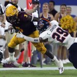 Arizona State running back Eno Benjamin (3) tries to elude the tackle of UTSA defensive back Clayton Johnson during the first half of an NCAA college football game, Saturday, Sept. 1, 2018, in Tempe, Ariz. (AP Photo/Ralph Freso)
