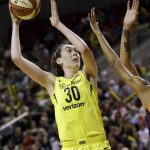 Seattle Storm's Breanna Stewart shoots against the Phoenix Mercury during the first half of Game 5 of a WNBA basketball playoffs semifinal, Tuesday, Sept. 4, 2018, in Seattle. (AP Photo/Elaine Thompson)