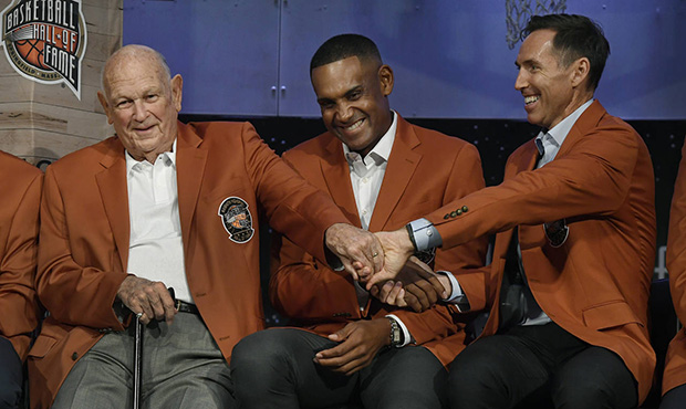 Class of 2018 inductees into the Basketball Hall of Fame, from right, Steve Nash, Grant Hill, and C...