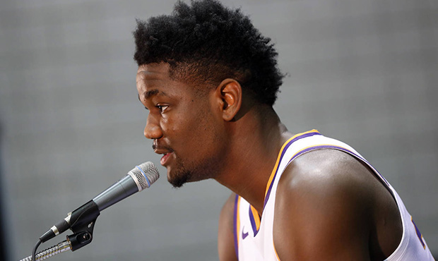 Phoenix Suns' Deandre Ayton speaks during media day at the NBA basketball team's practice facility ...