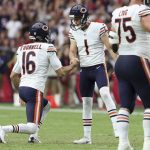 Chicago Bears kicker Cody Parkey (1) celebrates his go-ahead field goal against the Arizona Cardinals with Pat O'Donnell (16) during the second half of an NFL football game, Sunday, Sept. 23, 2018, in Glendale, Ariz. (AP Photo/Ralph Freso)
