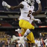 Arizona State wide receiver Brandon Aiyuk reacts with teammates after scoring a touchdown during the first half of an NCAA college football game against San Diego State, Saturday, Sept. 15, 2018, in San Diego. (AP Photo/Gregory Bull)