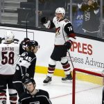Arizona Coyotes forward Nate Schnarr (76) celebrates his goal against Los Angeles Kings during the third period of a preseason NHL hockey game Tuesday, Sept. 18, 2018, in Los Angeles. (AP Photo/Ringo H.W. Chiu)