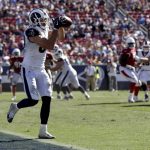 Los Angeles Rams tight end Tyler Higbee secures against the Arizona Cardinals during the second half of an NFL football game Sunday, Sept. 16, 2018, in Los Angeles. (AP Photo/Marcio Jose Sanchez)