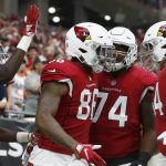 Arizona Cardinals tight end Ricky Seals-Jones (86) celebrates his touchdown against the Chicago Bears with J.J. Nelson, left, D.J. Humphries (74) and Mason Cole, right, during the first half of an NFL football game, Sunday, Sept. 23, 2018, in Glendale, Ariz. (AP Photo/Ralph Freso)