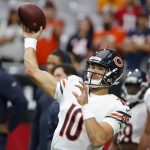 Chicago Bears quarterback Mitchell Trubisky warms up prior to an NFL football game against the Arizona Cardinals, Sunday, Sept. 23, 2018, in Glendale, Ariz. (AP Photo/Rick Scuteri)