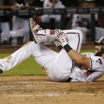 Arizona Diamondbacks' Steven Souza Jr. reacts after getting hit with a foul ball off his lower leg in the eighth inning during a baseball game against the San Diego Padres, Monday, Sept. 3, 2018, in Phoenix. (AP Photo/Rick Scuteri)