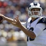 Los Angeles Rams quarterback Jared Goff passes against the Arizona Cardinals during the first half of an NFL football game Sunday, Sept. 16, 2018, in Los Angeles. (AP Photo/Marcio Jose Sanchez)
