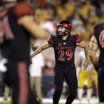 San Diego State place kicker John Baron II, center, reacts after kicking a 54-yard field goal during the second half of an NCAA college football game against Arizona State Saturday, Sept. 15, 2018, in San Diego. (AP Photo/Gregory Bull)