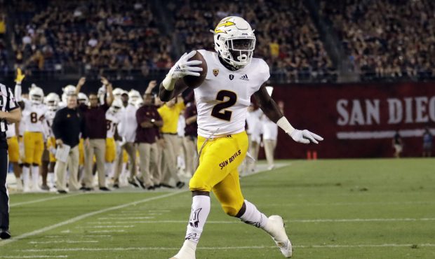 Arizona State wide receiver Brandon Aiyuk (2) reacts on his way to scoring a touchdown during the f...