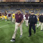 Arizona State head coach Herm Edwards walks to midfield following a 49-7 victory against UTSA during an NCAA college football game, Saturday, Sept. 1, 2018, in Tempe, Ariz. (AP Photo/Ralph Freso)