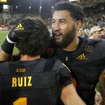 Arizona State place kicker Brandon Ruiz (1) celebrates his game-winning field goal against Michigan State with Arizona State linebacker Jay Jay Wilson, right, after an NCAA college football game Saturday, Sept. 8, 2018, in Tempe, Ariz. Arizona State defeated Michigan State 16-13. (AP Photo/Ross D. Franklin)