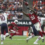Chicago Bears quarterback Mitchell Trubisky (10) gets his pass tipped by Arizona Cardinals linebacker Gerald Hodges (51) during the first half of an NFL football game, Sunday, Sept. 23, 2018, in Glendale, Ariz. (AP Photo/Ralph Freso)