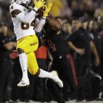 Arizona State wide receiver Frank Darby hauls in a pass as San Diego State safety Tariq Thompson defends during the first half of an NCAA college football game, Saturday, Sept. 15, 2018, in San Diego. (AP Photo/Gregory Bull)