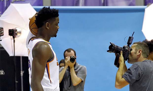 Phoenix Suns' Deandre Ayton poses for photographer Mark Rebilis during media day at the NBA basketb...