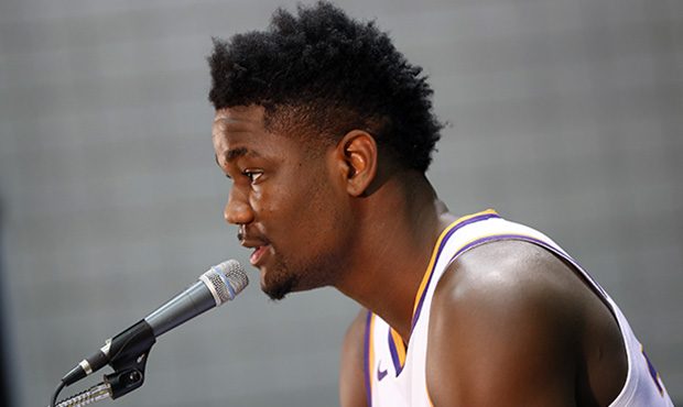 Phoenix Suns' Deandre Ayton speaks during media day at the NBA basketball team's practice facility ...