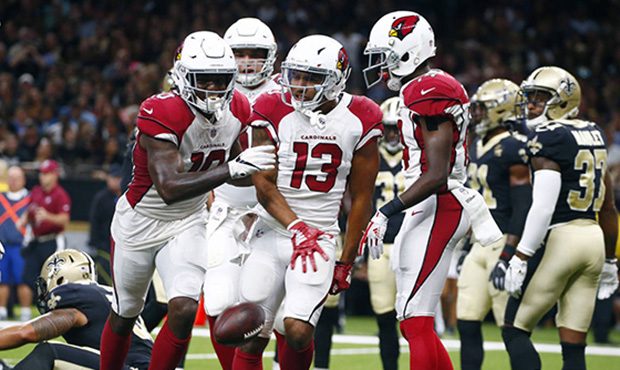 Arizona Cardinals wide receiver Christian Kirk (13) celebrates his touchdown reception in the first...