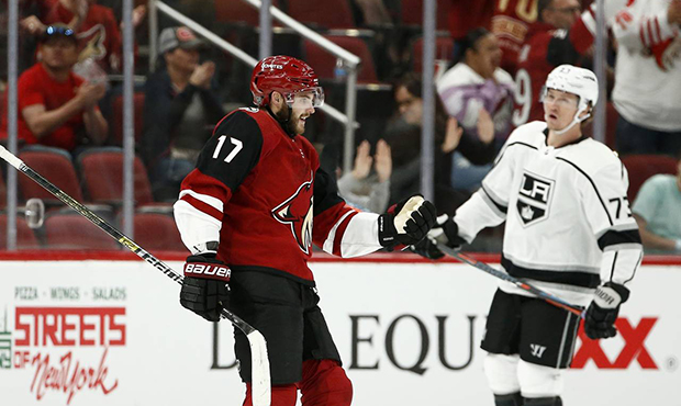 Arizona Coyotes center Alex Galchenyuk (17) celebrates his goal as Los Angeles Kings right wing Tyl...
