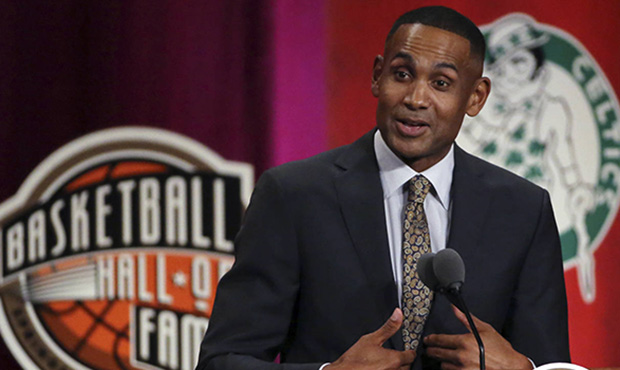 Grant Hill speaks during induction ceremonies at the Basketball Hall of Fame, Friday, Sept. 7, 2018...