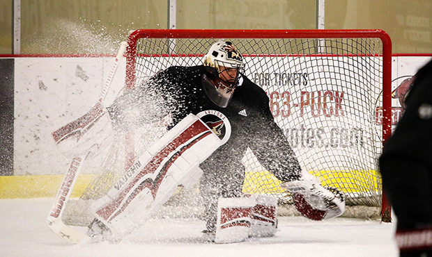 Arizona Coyotes goaltender Merrick Madsen (60) participates in the team’s rookie camp at the Ice ...