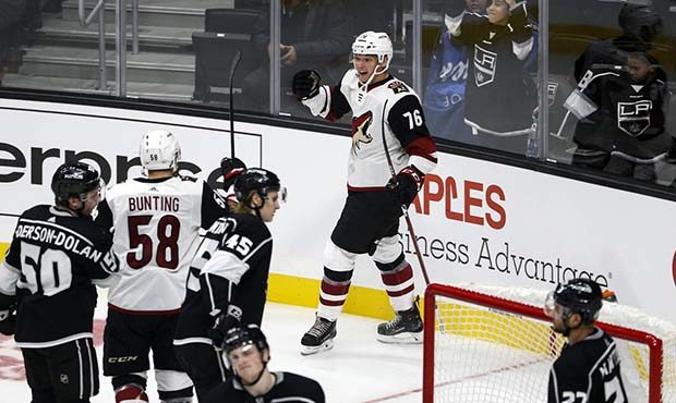 Arizona Coyotes forward Nate Schnarr (76) celebrates his goal against Los Angeles Kings during the ...