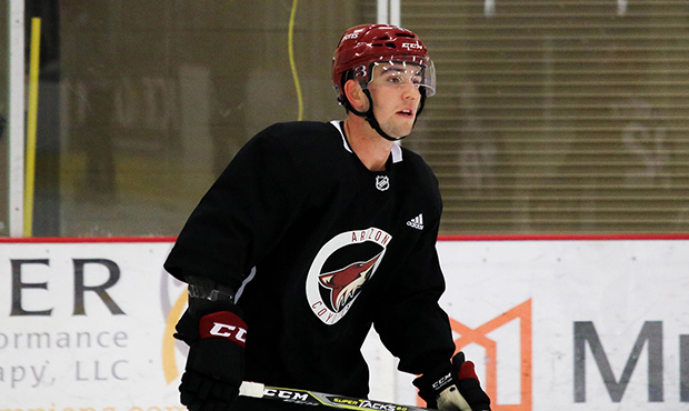 Arizona Coyotes forward Tyler Steenbergen (52) participates in the team’s rookie camp at the Ice ...