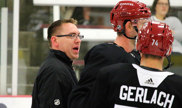 Tucson Roadrunners head coach Jay Varady speaks to participants of the Arizona Coyotes’ rookie ca...