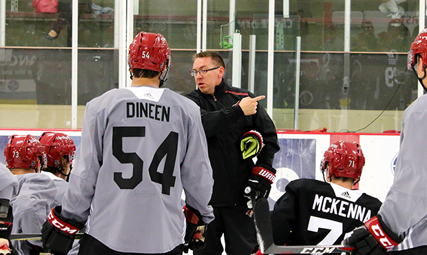 Tucson Roadrunners head coach Jay Varady talks to a group of players during the Arizona Coyotes' 20...