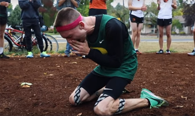 Oregon runner Justin Gallegos reacts to his deal to become a Nike athlete. (Screenshot)...