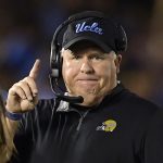 UCLA head coach Chip Kelly gestures during the first half of an NCAA college football game against Arizona, Saturday, Oct. 20, 2018, in Pasadena, Calif. (AP Photo/Mark J. Terrill)