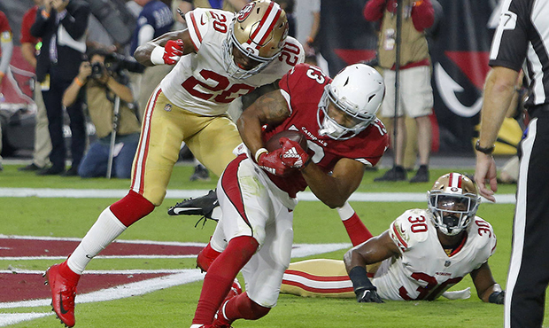 Arizona Cardinals wide receiver Christian Kirk (13) makes a touchdown catch as San Francisco 49ers ...