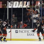 Anaheim Ducks' Ryan Kesler, right, celebrates after scoring against the Arizona Coyotes during the first period of an NHL hockey game Wednesday, Oct. 10, 2018, in Anaheim, Calif. (AP Photo/Marcio Jose Sanchez)