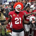 Arizona Cardinals cornerback Patrick Peterson (21) wears a clown mask prior to an NFL football game against the Arizona Cardinals, Sunday, Oct. 28, 2018, in Glendale, Ariz. (AP Photo/Ralph Freso)