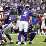Minnesota Vikings kicker Dan Bailey (5) reacts after making a 37-yard field goal during the first half of an NFL football game against the Arizona Cardinals, Sunday, Oct. 14, 2018, in Minneapolis. (AP Photo/Bruce Kluckhohn)