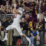 Stanford's Sean Barton intercepts a pass intended for Arizona State's Kyle Williams during the first half of an NCAA college football game Thursday, Oct. 18, 2018, in Tempe, Ariz. (AP Photo/Darryl Webb)