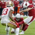 Arizona Cardinals kicker Phil Dawson kicks a field goal as punter Andy Lee (2) holds during the first half of an NFL football game against the San Francisco 49ers, Sunday, Oct. 28, 2018, in Glendale, Ariz. (AP Photo/Rick Scuteri)
