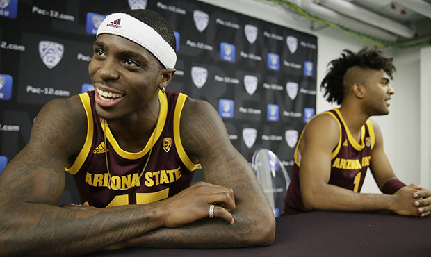 Arizona State's Zylan Cheatham, left, and Remy Martin, right, answer questions during the Pac-12 NC...