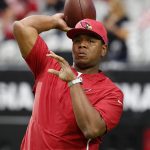 Arizona Cardinals offensive coordinator Byron Leftwich warms up his players prior to an NFL football game against the San Francisco 49ers, Sunday, Oct. 28, 2018, in Glendale, Ariz. (AP Photo/Ralph Freso)