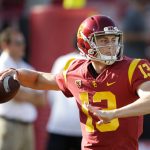 FILE - In this Sept. 9, 2017, file photo, Southern California quarterback Jack Sears warms up before the team's NCAA college football game against Stanford in Los Angeles. Third-string redshirt freshman Sears will start for Southern California against Arizona State on Saturday, Oct. 27, 2018. (AP Photo/Jae C. Hong, File)