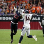 Arizona Cardinals defensive back Bene' Benwikere (23) breaks up a pass intended for Denver Broncos wide receiver Courtland Sutton (14) during the first half of an NFL football game, Thursday, Oct. 18, 2018, in Glendale, Ariz. (AP Photo/Rick Scuteri)