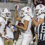 Stanford's JJ Arcega-Whiteside celebrates his touchdown against Arizona State with teammates during the second half of an NCAA college football game Thursday, Oct. 18, 2018, in Tempe, Ariz. (AP Photo/Darryl Webb)